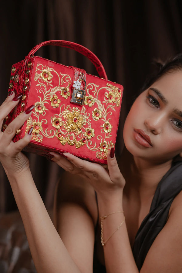 Traditional Red Embroidered Box Bag