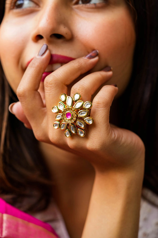 Deshani Gold Plated Kundan Adjustable Ring