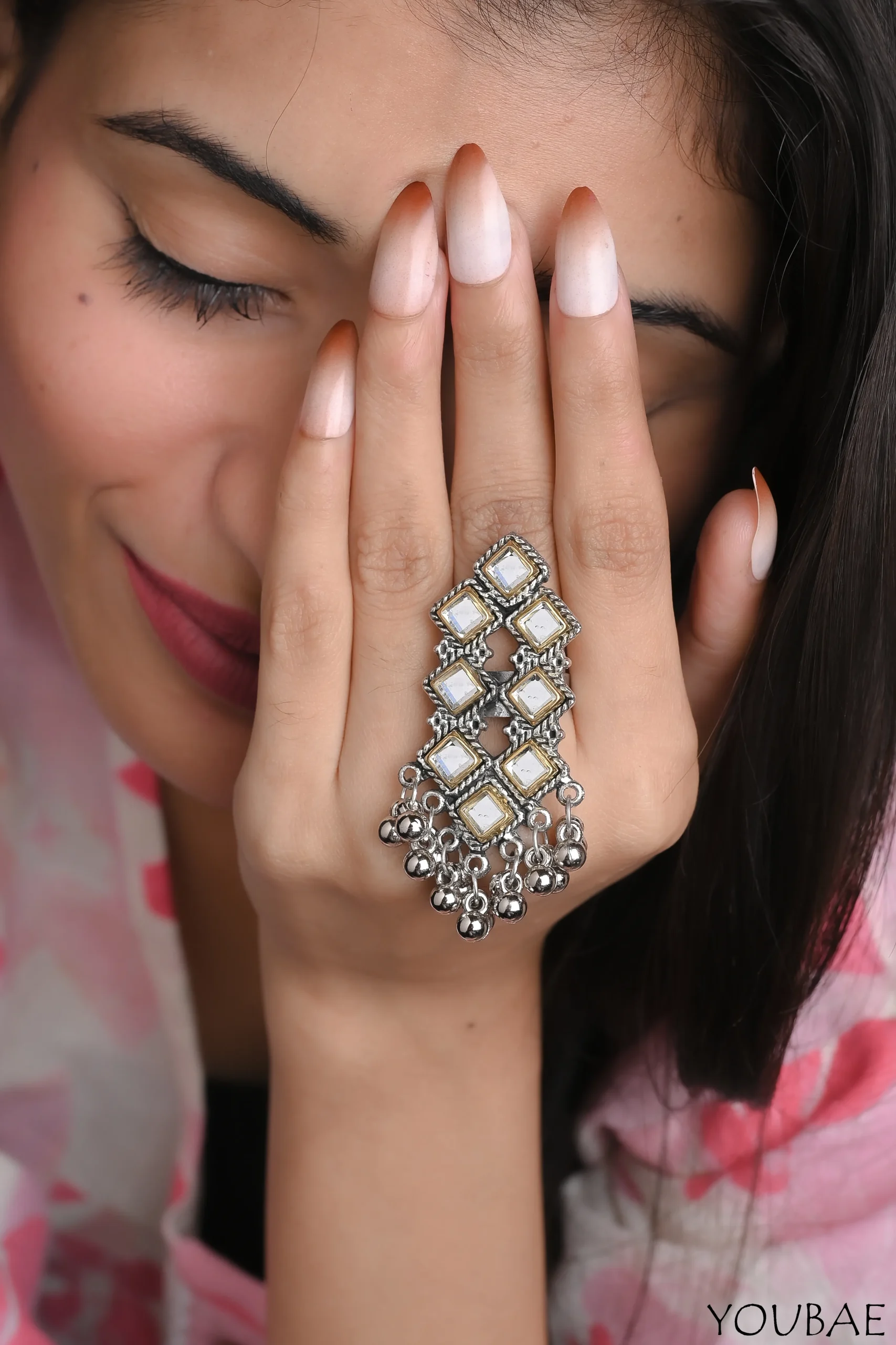 Buy Fida Wedding Ethnic Oxidized Silver Mirror Ring for Women(Free Size)  Online